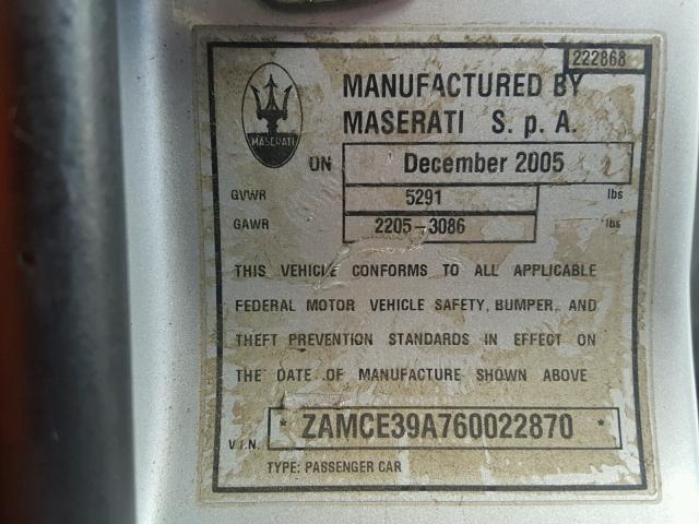 ZAMCE39A760022870 - 2006 MASERATI QUATTROPOR SILVER photo 10