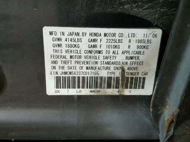 JHMCM56337C017155 - 2007 HONDA ACCORD GRAY photo 10