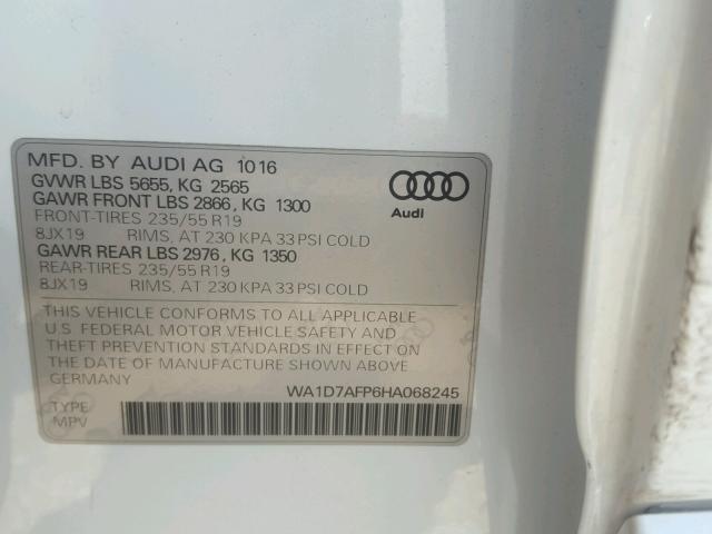 WA1D7AFP6HA068245 - 2017 AUDI Q5 PREMIUM WHITE photo 10