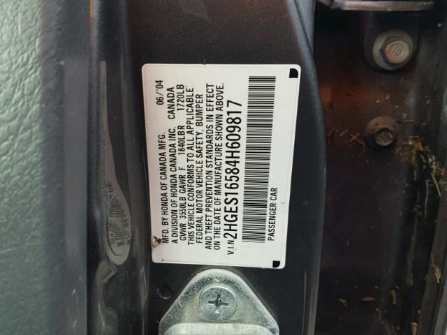 2HGES16584H609817 - 2004 HONDA CIVIC GRAY photo 10