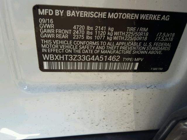 WBXHT3Z33G4A51462 - 2016 BMW X1 XDRIVE2 WHITE photo 10