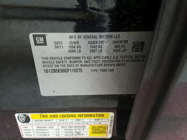 1G1ZB5E08CF113275 - 2012 CHEVROLET MALIBU LS შავი ფოტო 10