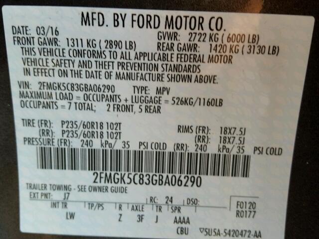 2FMGK5C83GBA06290 - 2016 FORD FLEX GRAY photo 10