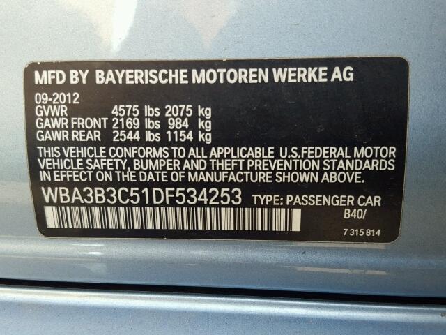 WBA3B3C51DF534253 - 2013 BMW 328 XI BLUE photo 10