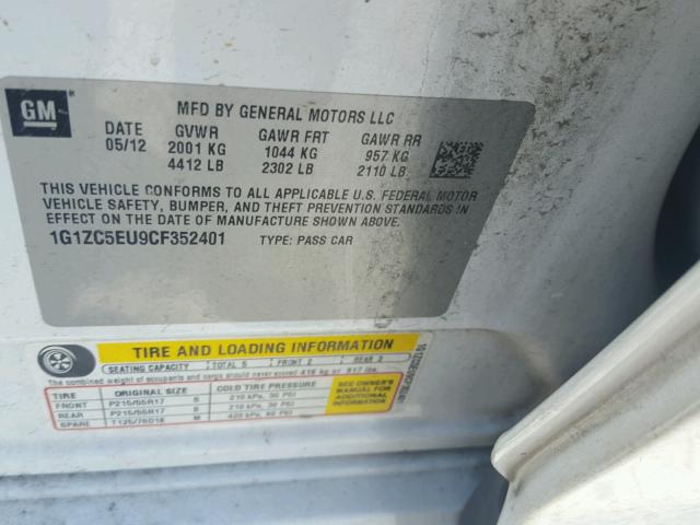 1G1ZC5EU9CF352401 - 2012 CHEVROLET MALIBU 1LT თეთრი ფოტო 10