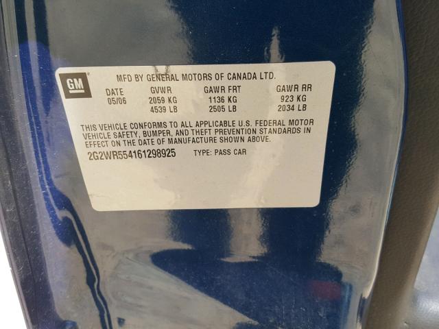 2G2WR554161298925 - 2006 PONTIAC GRAND PRIX TURQUOISE photo 10