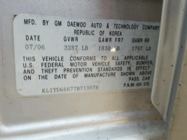 KL1TD66677B713578 - 2007 CHEVROLET AVEO BASE Արծաթագույն լուսանկար 10