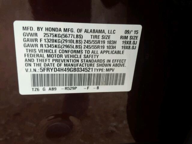 5FRYD4H49GB034521 - 2016 ACURA MDX MAROON photo 10