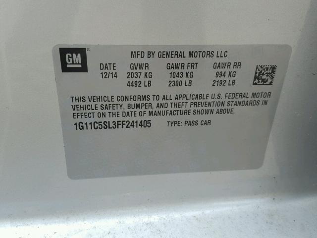 1G11C5SL3FF241405 - 2015 CHEVROLET MALIBU 1LT 银色 照片 10