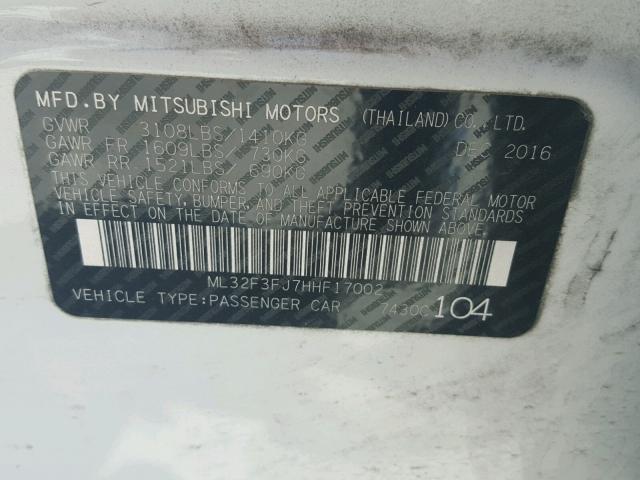 ML32F3FJ7HHF17002 - 2017 MITSUBISHI MIRAGE G4 WHITE photo 10