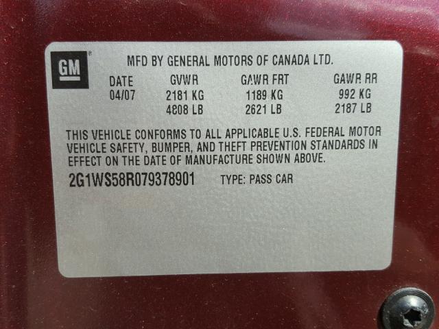 2G1WS58R079378901 - 2007 CHEVROLET IMPALA POL MAROON photo 10