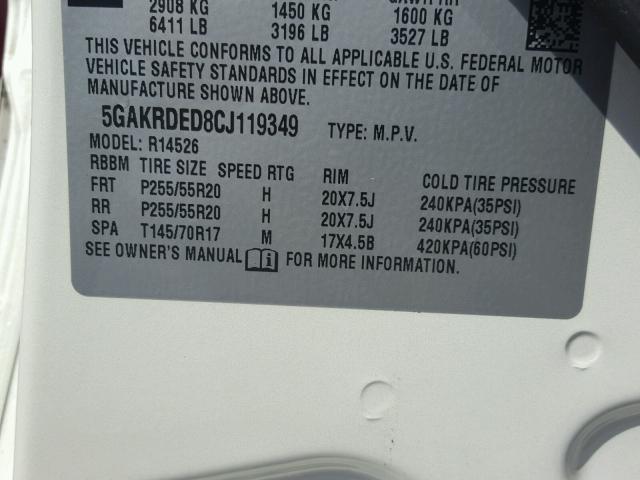 5GAKRDED8CJ119349 - 2012 BUICK ENCLAVE CREAM photo 10