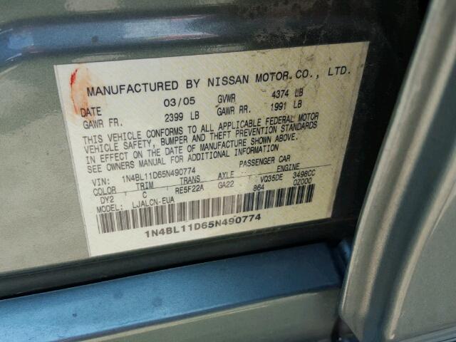 1N4BL11D65N490774 - 2005 NISSAN ALTIMA GREEN photo 10