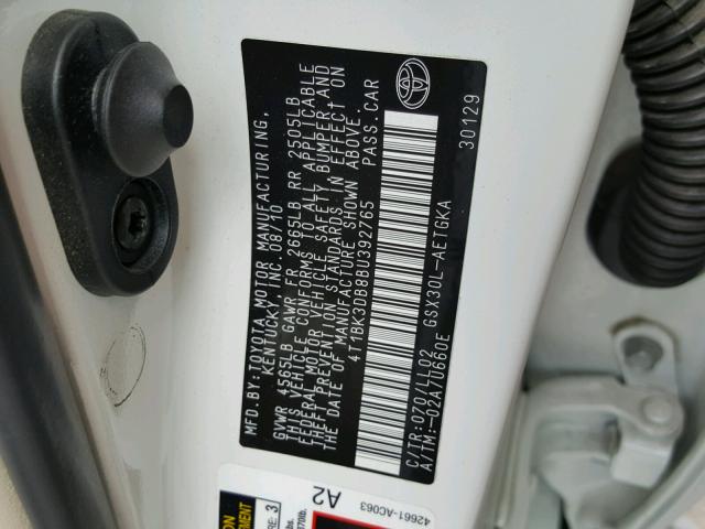 4T1BK3DB8BU392765 - 2011 TOYOTA AVALON BAS WHITE photo 10