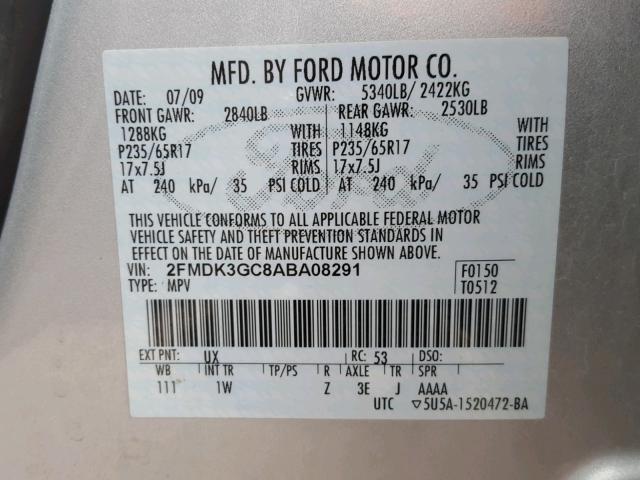 2FMDK3GC8ABA08291 - 2010 FORD EDGE SE SILVER photo 10