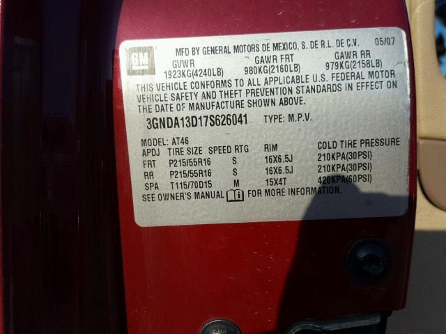 3GNDA13D17S626041 - 2007 CHEVROLET HHR LS მუქწითელი ფოტო 10