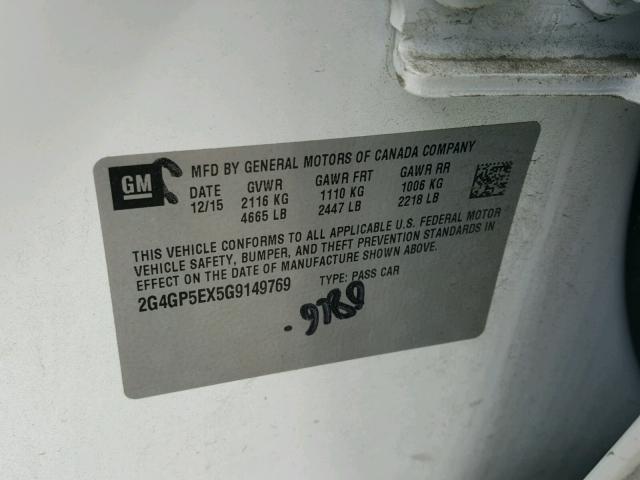 2G4GP5EX5G9149769 - 2016 BUICK REGAL PREM WHITE photo 10