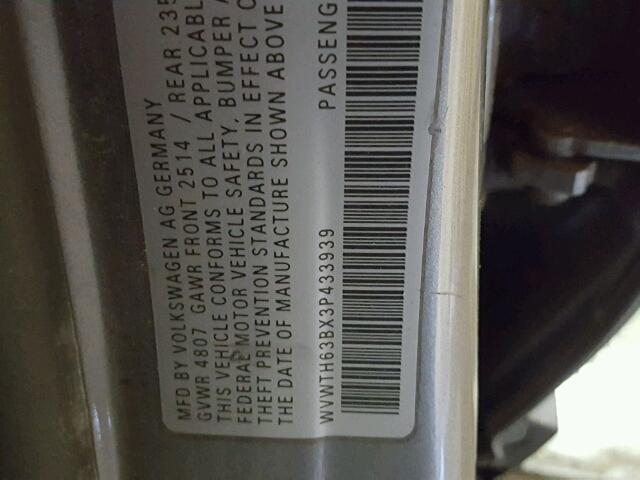 WVWTH63BX3P433939 - 2003 VOLKSWAGEN PASSAT GLX GRAY photo 10