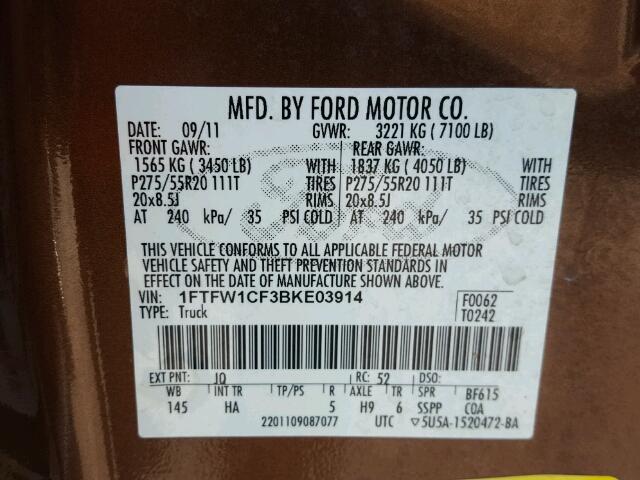 1FTFW1CF3BKE03914 - 2011 FORD F150 SUPER BROWN photo 10