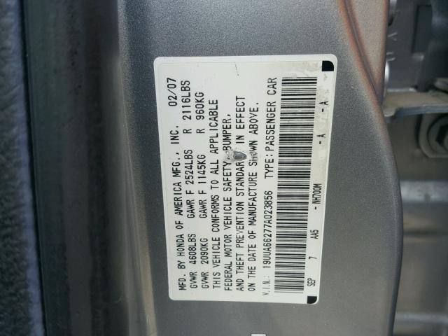 19UUA66277A023856 - 2007 ACURA TL SILVER photo 10