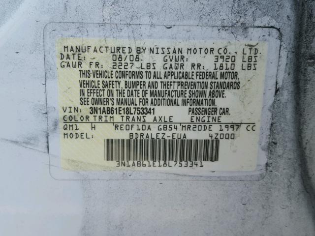 3N1AB61E18L753341 - 2008 NISSAN SENTRA 2.0 WHITE photo 10