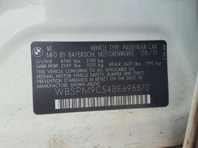 WBSPM9C54BE698870 - 2011 BMW M3 WHITE photo 10