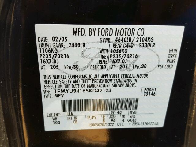 1FMYU94165KD42123 - 2005 FORD ESCAPE BLACK photo 10