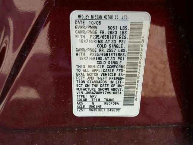 JN8AZ08W17W616854 - 2007 NISSAN MURANO MAROON photo 10