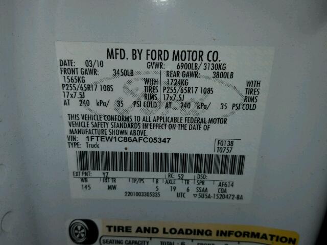 1FTEW1C86AFC05347 - 2010 FORD F150 WHITE photo 10