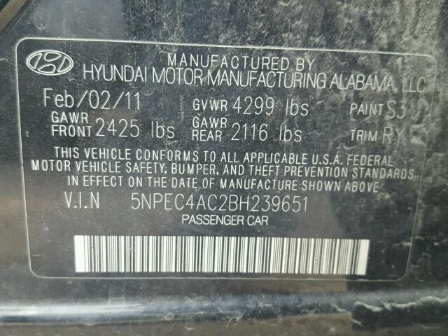 5NPEC4AC2BH239651 - 2011 HYUNDAI SONATA SE BLACK photo 10