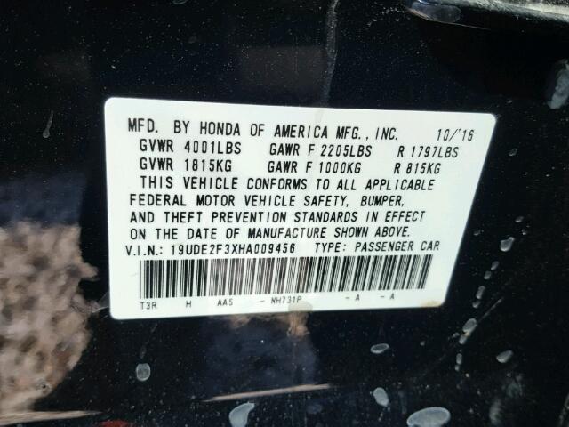 19UDE2F3XHA009456 - 2017 ACURA ILX BASE BLACK photo 10