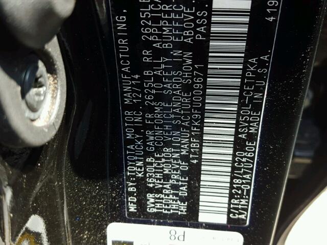 4T1BF1FK9FU009671 - 2015 TOYOTA CAMRY LE 黑色 照片 10