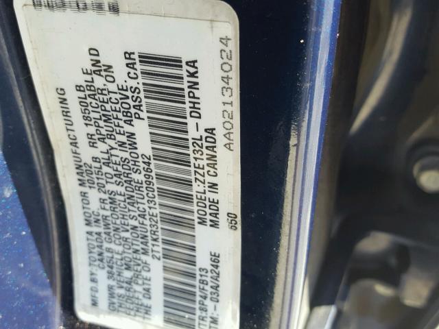 2T1KR32E13C099642 - 2003 TOYOTA MATRIX XR BLUE photo 10