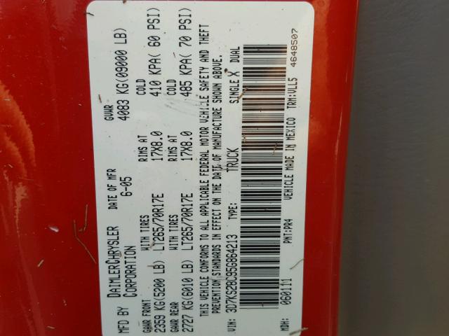 3D7KS28C95G864213 - 2005 DODGE RAM 2500 S RED photo 10