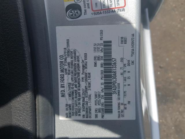 3FADP0L30AR133657 - 2010 FORD FUSION HYB SILVER photo 10