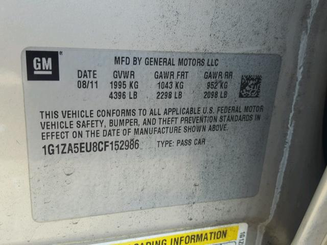 1G1ZA5EU8CF152986 - 2012 CHEVROLET MALIBU LS თაფლისფერი ფოტო 10