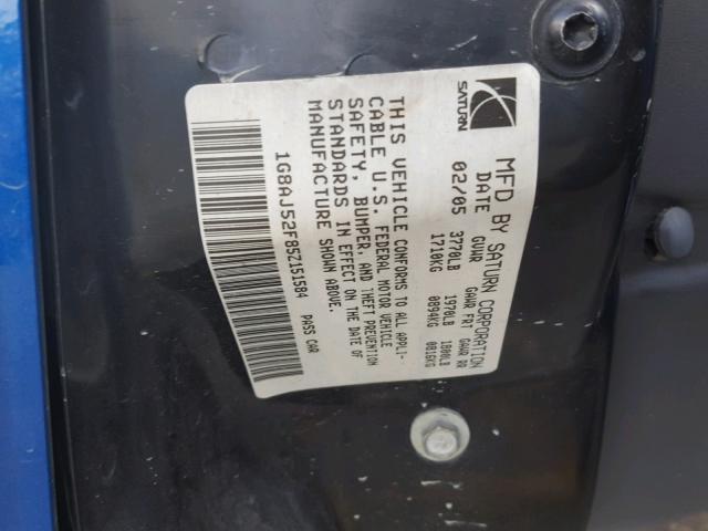 1G8AJ52F85Z151584 - 2005 SATURN ION LEVEL BLUE photo 10