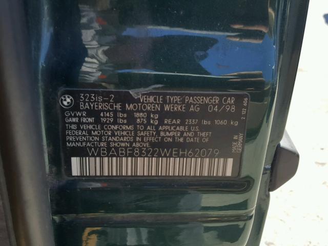 WBABF8322WEH62079 - 1998 BMW 323 IS AUT GREEN photo 10