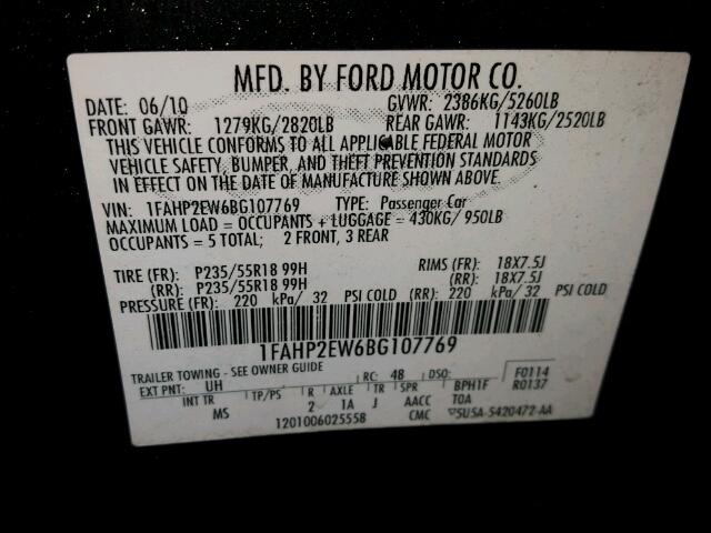 1FAHP2EW6BG107769 - 2011 FORD TAURUS BLACK photo 10