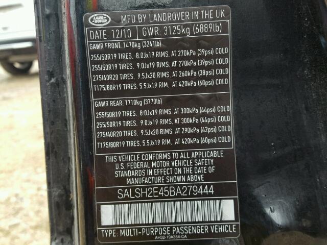 SALSH2E45BA279444 - 2011 LAND ROVER RANGE ROVE CHARCOAL photo 10