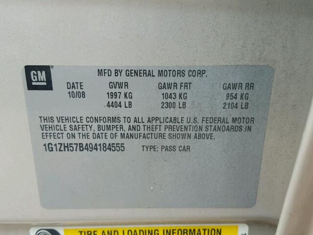 1G1ZH57B494184555 - 2009 CHEVROLET MALIBU 1LT CREAM photo 10