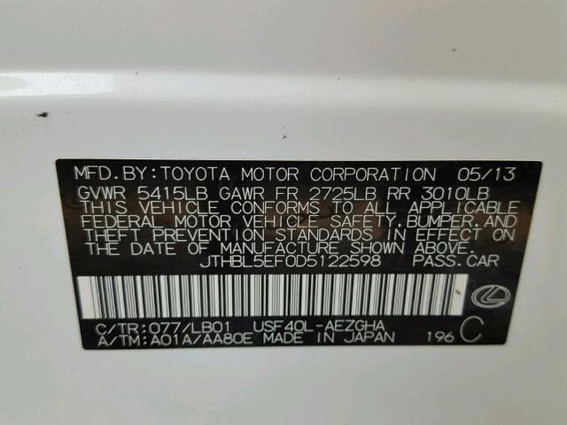 JTHBL5EF0D5122598 - 2013 LEXUS LS 460 WHITE photo 10