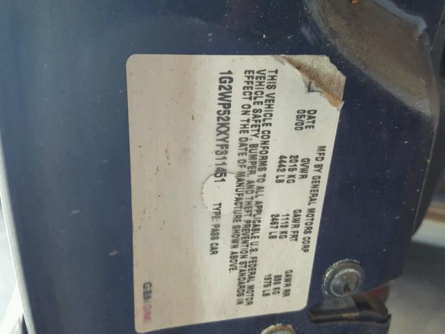 1G2WP52KXYF311451 - 2000 PONTIAC GRAND PRIX SILVER photo 10