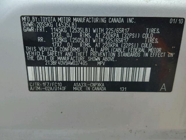 2T3BF4DV9AW037405 - 2010 TOYOTA RAV4 银色 照片 10