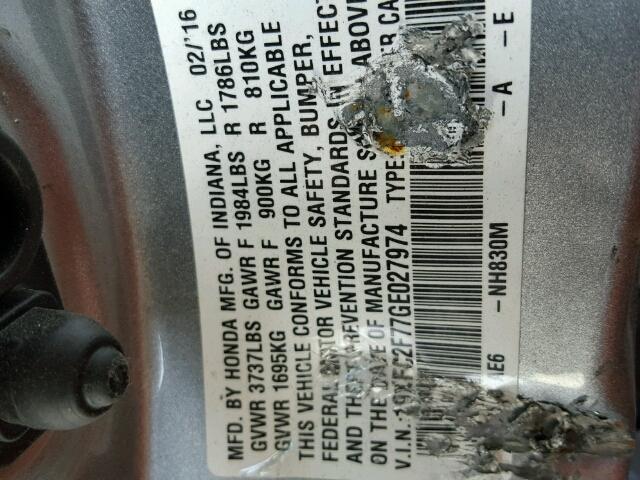 19XFC2F77GE027974 - 2016 HONDA CIVIC SILVER photo 10