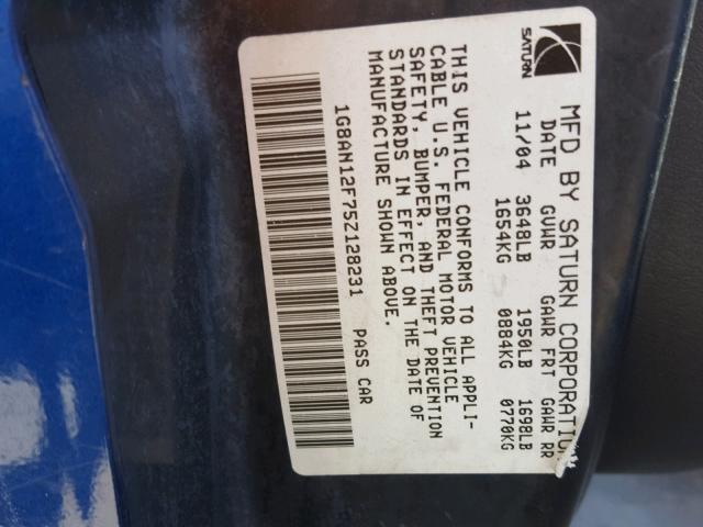 1G8AN12F75Z128231 - 2005 SATURN ION LEVEL BLUE photo 10