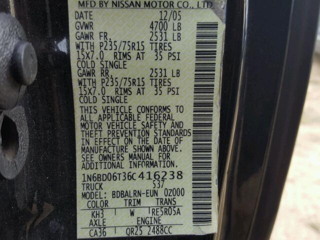 1N6BD06T36C416238 - 2006 NISSAN FRONTIER K BLACK photo 10