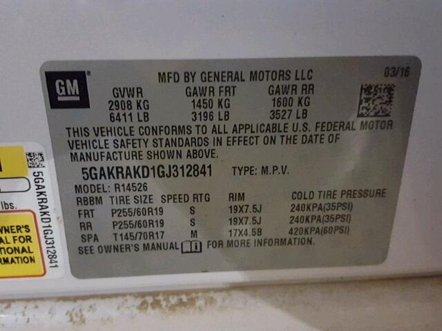 5GAKRAKD1GJ312841 - 2016 BUICK ENCLAVE თეთრი ფოტო 10