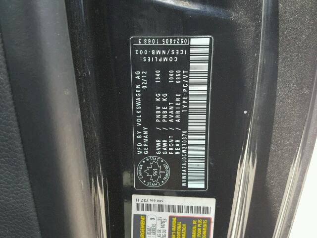 WVWBA7AJ0CW270370 - 2012 VOLKSWAGEN GOLF BLACK photo 10