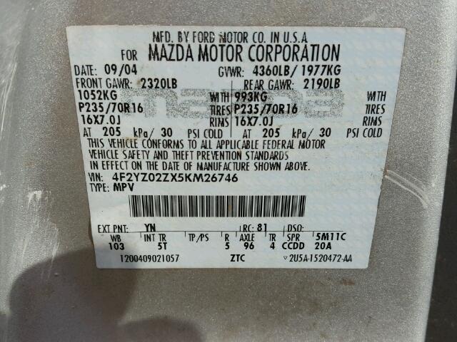 4F2YZ02ZX5KM26746 - 2005 MAZDA TRIBUTE I SILVER photo 10